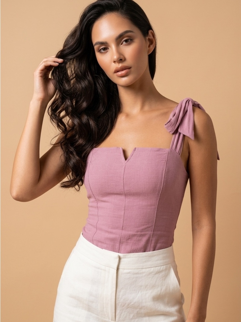 Free People Lola Bodysuit Sleeveless Tie-Shoulder Corset Top in Dusty Rose